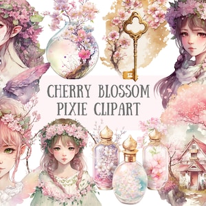 Aquarela Cherry Blossom Pixie Clipart - Pastel Fantasy Downloads de imagens digitais PNG para confecção de cartões, álbum de recortes, diário de lixo, artesanato em papel