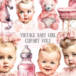 Aquarel vintage babymeisje clipart babyshower png digitale afbeelding downloads voor kaarten maken plakboek junk dagboek papier ambachten