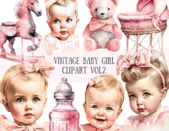 Watercolour Vintage Baby Girl Clipart Baby Shower PNG Digital Image Downloads for Card Making Scrapbook Junk Journal Paper Crafts