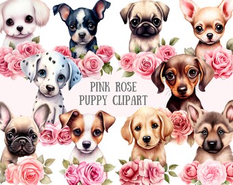 Watercolour Pink Rose Puppy Clipart Shabby Chic Dog Graphics PNG Digital Image Downloads for Card Making Scrapbook Junk Journal Paper Crafts