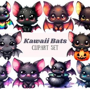 Akwarela Kawaii Nietoperz Clipart Chibi Dziecko Halloween Nietoperz PNG Cyfrowy Obraz Do Pobrania Na Kartkę Tworzenie Scrapbook Junk Journal Papier Rzemiosło