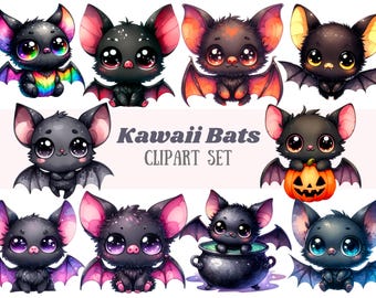 Watercolour Kawaii Bat Clipart Chibi Baby Halloween Bat PNG Digital Image Download for Card Making Scrapbook Junk Journal Paper Craft