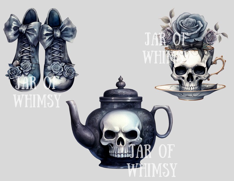 Puede incluir: Tres ilustraciones en blanco y negro con un motivo de calavera. Un par de zapatos negros con un lazo azul y rosas, una tetera con una calavera en la parte delantera y una taza de t&eacute; con una calavera y rosas.