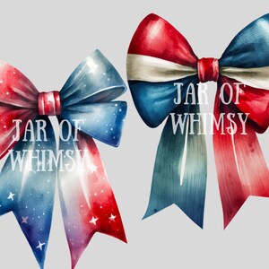 May include: Two red, white, and blue watercolor bows with the text "JAR OF WHIMSY" in the center.