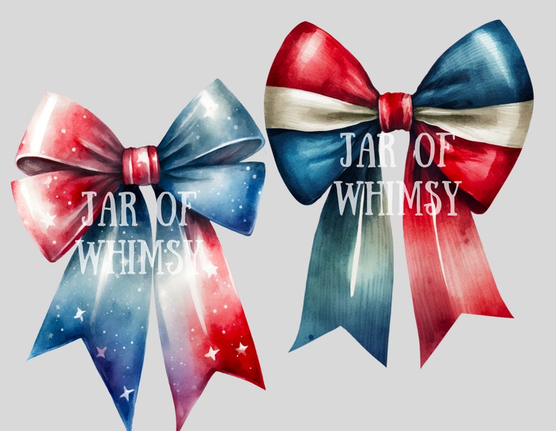 May include: Two red, white, and blue watercolor bows with the text "JAR OF WHIMSY" in the center.