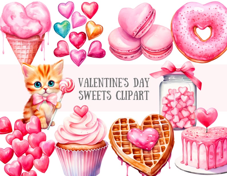 May include: A collection of Valentine's Day themed sweets clipart featuring a pink ice cream cone, a pink donut, a jar of pink heart-shaped candies, a pink cupcake with a heart on top, a waffle with a pink heart in the center, a pink cake with pink frosting, and a cute orange kitten holding a pink lollipop.