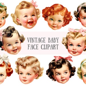 Aquarell Vintage Baby Gesicht Clipart Retro Baby Shower PNG digitale Bild Downloads für die Kartenherstellung Scrapbook Junk Journal Papierhandwerk