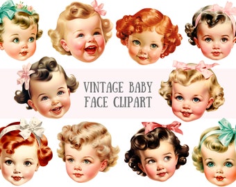 Watercolour Vintage Baby Face Clipart Retro Baby Shower PNG Digital Image Downloads for Card Making Scrapbook Junk Journal Paper Crafts
