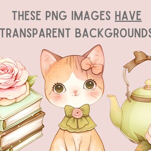 Puede incluir: Un lindo gato de dibujos animados con pelaje naranja y blanco que lleva un lazo verde y un lazo rosa. El gato est&aacute; sentado sobre un fondo rosa con una pila de libros y una tetera verde con un lazo marr&oacute;n en el pico. La tetera tiene una rosa rosa en el lateral.