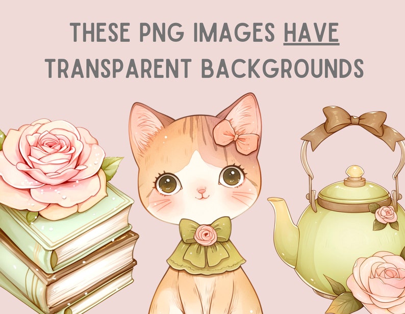 Puede incluir: Un lindo gato de dibujos animados con pelaje naranja y blanco que lleva un lazo verde y un lazo rosa. El gato est&aacute; sentado sobre un fondo rosa con una pila de libros y una tetera verde con un lazo marr&oacute;n en el pico. La tetera tiene una rosa rosa en el lateral.