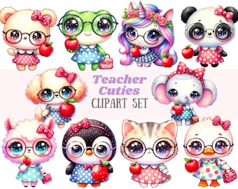 May include: Clip art set of ten cute cartoon animals dressed as teachers. Each animal is wearing glasses, a polka dot dress, and holding an apple. The animals include a bear, frog, unicorn, panda, poodle, elephant, llama, penguin, cat, and duck. The text "Teacher Cuties CLIPART SET" is at the top of the image.