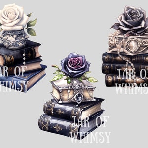 May include: Three stacks of books with a decorative box on top of each stack. Each box is adorned with a rose, a pearl necklace, and a silver charm. The roses are white, black, and purple. The text "JAR OF WHIMSY" is printed on each stack of books.