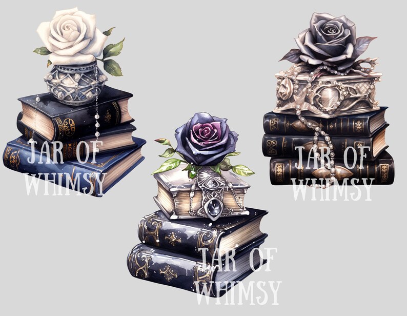 May include: Three stacks of books with a decorative box on top of each stack. Each box is adorned with a rose, a pearl necklace, and a silver charm. The roses are white, black, and purple. The text "JAR OF WHIMSY" is printed on each stack of books.