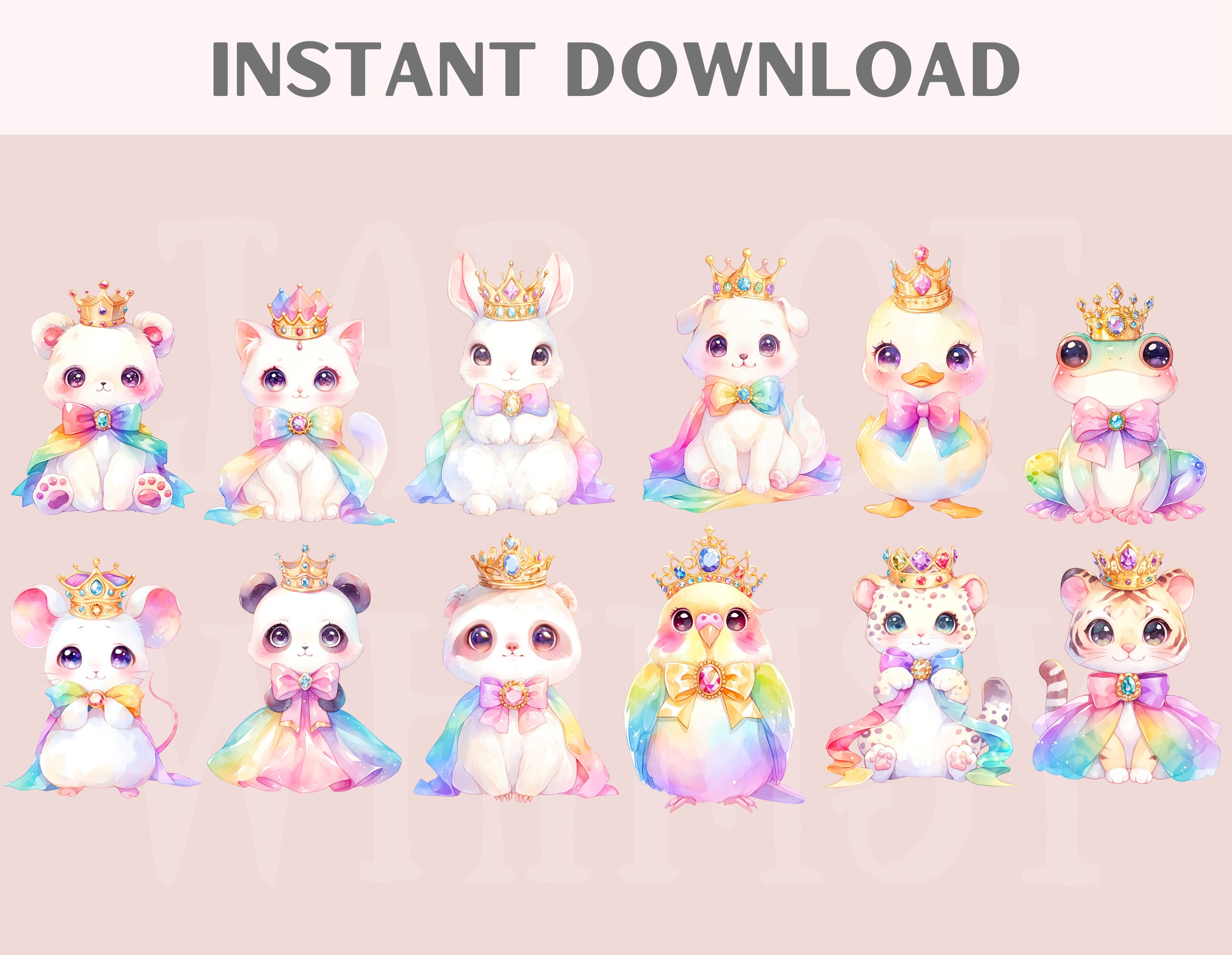 Watercolor Royal Animal Clipart Kawaii Rainbow Princess Animal PNG ...