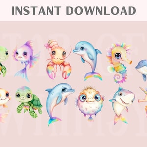 May include: A set of 12 colorful cartoon sea creatures, including a turtle, fish, dolphin, lobster, seahorse, and whale. The illustrations are drawn in a whimsical style with bright colors and details.