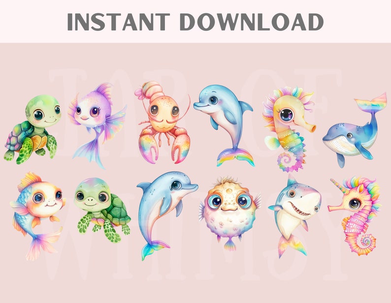 May include: A set of 12 colorful cartoon sea creatures, including a turtle, fish, dolphin, lobster, seahorse, and whale. The illustrations are drawn in a whimsical style with bright colors and details.