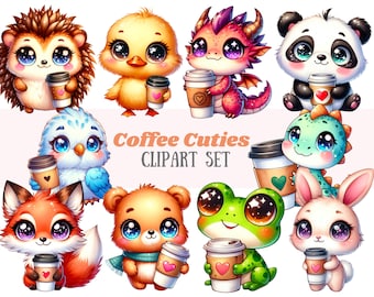 Puede incluir: Una colección de adorables animales de dibujos animados, incluyendo un erizo, un patito, un dragón, un panda, un pájaro, un zorro, un oso, una rana, un dinosaurio y un conejo, cada uno sosteniendo una taza de café. El texto "Coffee Cuties CLIPART SET" está presente.