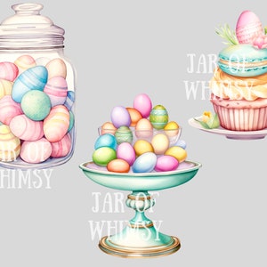 Op de afbeelding: Waterverfillustratie met paaseieren in een glazen pot, een voetkom en een cupcake met een macaron en een ei. De eieren zijn pastelkleuren met strepen en patronen. De tekst "JAR OF WHIMSY" is zichtbaar.