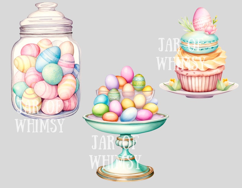 Op de afbeelding: Waterverfillustratie met paaseieren in een glazen pot, een voetkom en een cupcake met een macaron en een ei. De eieren zijn pastelkleuren met strepen en patronen. De tekst "JAR OF WHIMSY" is zichtbaar.
