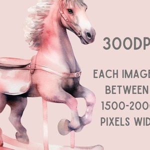 May include: A pink wooden rocking horse with a brown saddle. The horse is painted in a watercolor style and has a white mane and tail.