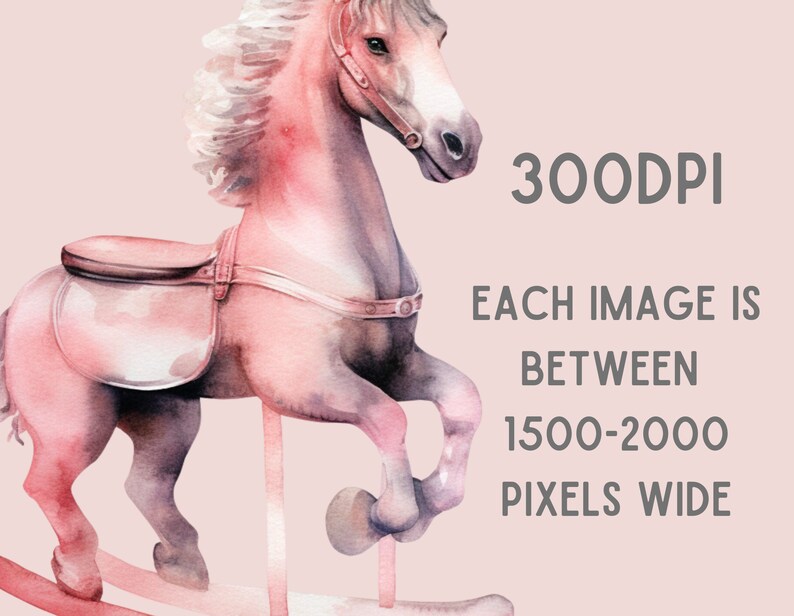 May include: A pink wooden rocking horse with a brown saddle. The horse is painted in a watercolor style and has a white mane and tail.