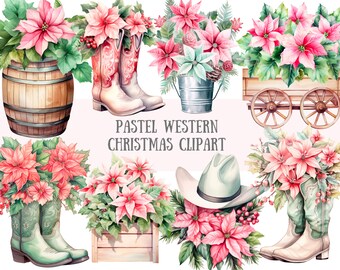 Acuarela Pastel Western Christmas Clipart Country Christmas PNG Descarga de imagen digital para hacer tarjetas Scrapbook Junk Journal Paper Craft