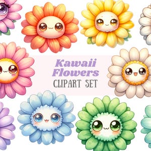 Acquerello Kawaii Fiore Clipart Colorato Carino Chibi Fiore PNG Scarica immagine digitale per la creazione di cartoline Scrapbook Junk Journal Paper Craft