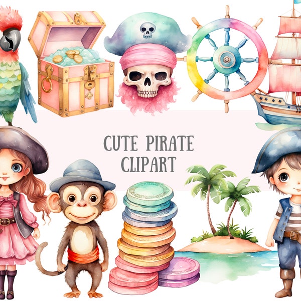 Aquarelle mignon pirate Clipart bébé Kawaii Pirate Party PNG Image numérique à télécharger pour la fabrication de cartes Scrapbook Junk Journal artisanat en papier