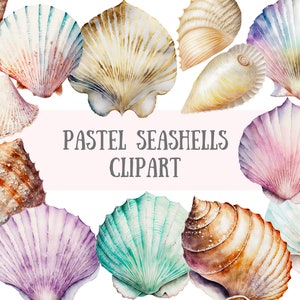 Clipart coquillage pastel aquarelle - coquillages de plage PNG téléchargements d'images numériques pour la fabrication de cartes, scrapbooking, journal indésirable, travaux manuels en papier