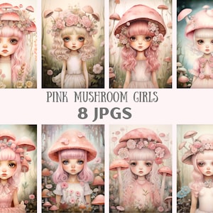 May include: Eight digital illustrations of girls with pink mushroom hats and dresses. The girls have different hairstyles and expressions. The background is a forest with pink mushrooms.