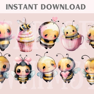 Pu&ograve; includere: Una collezione di adorabili api dei cartoni animati in varie pose. Alcune api tengono in mano un cuore, altre sono in una tazza da t&egrave; o su un cupcake. L'immagine ha il testo "INSTANT DOWNLOAD" in alto.