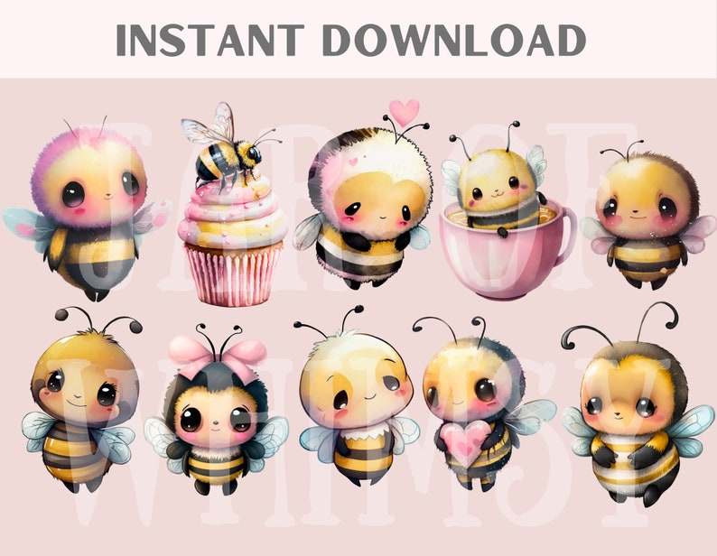 Pu&ograve; includere: Una collezione di adorabili api dei cartoni animati in varie pose. Alcune api tengono in mano un cuore, altre sono in una tazza da t&egrave; o su un cupcake. L'immagine ha il testo "INSTANT DOWNLOAD" in alto.