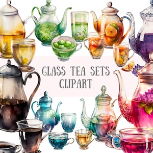 Imágenes prediseñadas de juegos de té de vidrio de acuarela - Teacups Tea Party PNG Descargas de imágenes digitales para la fabricación de tarjetas, álbumes de recortes, diario basura, artesanías de papel