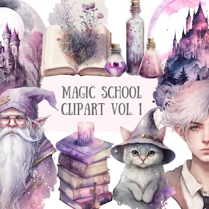 Aquarela Magic School Clipart Wizard Academy Downloads de imagens digitais PNG para fazer cartões Scrapbook Junk Journal Paper Crafts
