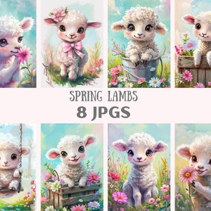 Aquarelle printemps agneau Clipart Pâques bébé mouton JPG téléchargements d'images numériques pour la fabrication de cartes scrapbooking journal indésirable artisanat en papier