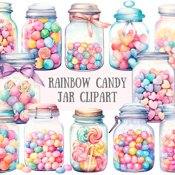 Watercolour Rainbow Candy Jar Clipart Pastel Lolly Jar PNG Digital Image Downloads for Card Making Scrapbook Junk Journal Paper Crafts