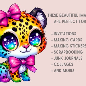 Puede incluir: Un guepardo de dibujos animados colorido con ojos grandes y brillantes y un lazo rosa. El guepardo est&aacute; sentado sobre un fondo rosa con texto que dice "THESE BEAUTIFUL IMAGES ARE PERFECT FOR: INVITATIONS MAKING CARDS MAKING STICKERS SCRAPBOOKING JUNK JOURNALS COLLAGES AND MORE!"