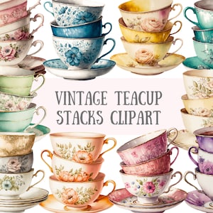 Acquerello Vintage Teacup Stacks Clipart - Tea Time PNG Download di immagini digitali per la creazione di cartoline, album di ritagli, diario spazzatura, artigianato con la carta