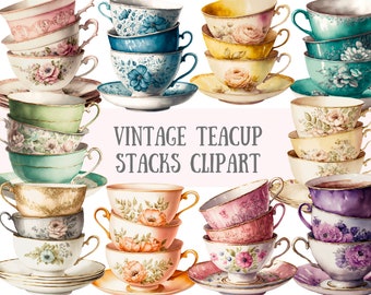 Watercolour Vintage Teacup Stacks Clipart - Tea Time PNG Digital Image Downloads for Card Making, Scrapbook, Junk Journal, Paper Crafts