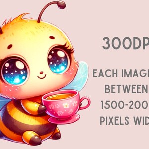 Peut inclure: Une abeille de dessin anim&eacute; avec de grands yeux bleus et une tasse rose de miel. L'abeille porte un corps ray&eacute; jaune et noir et a une paire d'ailes bleues. Le texte "300DPI EACH IMAGE IS BETWEEN 1500-2000 PIXELS WIDE" est en arri&egrave;re-plan.