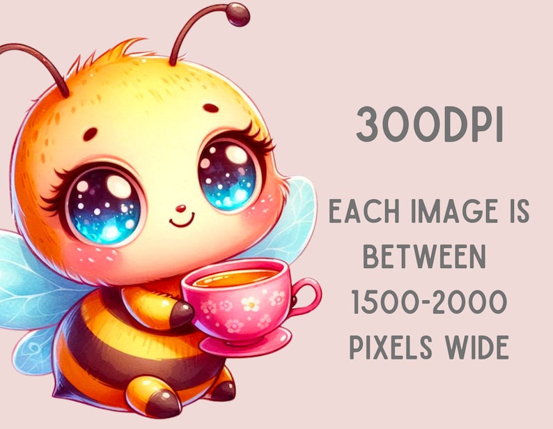 Peut inclure: Une abeille de dessin anim&eacute; avec de grands yeux bleus et une tasse rose de miel. L'abeille porte un corps ray&eacute; jaune et noir et a une paire d'ailes bleues. Le texte "300DPI EACH IMAGE IS BETWEEN 1500-2000 PIXELS WIDE" est en arri&egrave;re-plan.