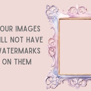 May include: A decorative, ornate, light pink and purple picture frame with gold trim. The frame has a detailed, intricate design with swirls and curves. The frame is empty and ready to hold a picture.