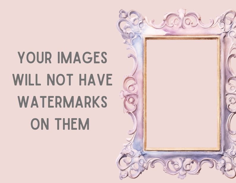 May include: A decorative, ornate, light pink and purple picture frame with gold trim. The frame has a detailed, intricate design with swirls and curves. The frame is empty and ready to hold a picture.