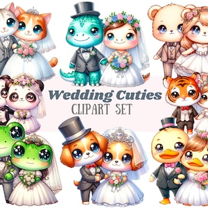 Aquarell Hochzeit Tier Paare Clipart Bridie und Bräutigam PNG digitale Bild-Downloads für die Kartenherstellung Scrapbook Junk Journal Papierhandwerk