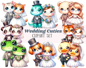 Puede incluir: Un conjunto de 10 adorables parejas de animales de dibujos animados para bodas. Las parejas incluyen un panda, una rana, un perro, un pato, un tigre, un gato, un dinosaurio y un oso. Cada pareja está vestida con un vestido de novia blanco y un esmoquin. El texto "Wedding Cuties CLIPART SET" se muestra en el centro de la imagen.