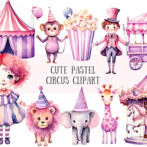 Aquarel schattig pastel circus clipart pastel carnaval clown PNG digitale afbeelding downloads voor kaart maken plakboek ongewenste dagboek papier ambachten