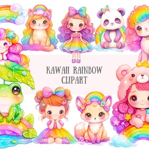 Watercolour Kawaii Rainbow Clipart Cute Bright Chibi Girl PNG Digital Image Downloads for Card Making Scrapbook Junk Journal Paper Crafts