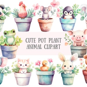 Acuarela lindo animal maceta planta clipart flor maceta plantas PNG descargas de imágenes digitales para hacer tarjetas álbum de recortes diario basura artesanías de papel