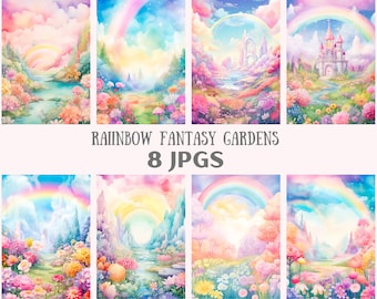 May include: Eight digital images of whimsical rainbow fantasy gardens with castles, flowers, and rainbows. The images are perfect for digital scrapbooking, crafting, or creating invitations.