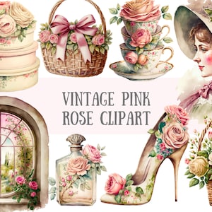 Acquerello Vintage Pink Rose Clipart - Vintage Lady PNG Download di immagini digitali per la creazione di cartoline, album di ritagli, diario spazzatura, artigianato con la carta
